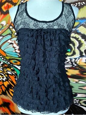 Black Lace Ruffle Tank Top - Women